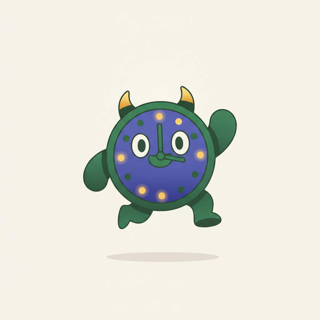 The Clock Imp foe, a clock-bodied creature with some hours glowing