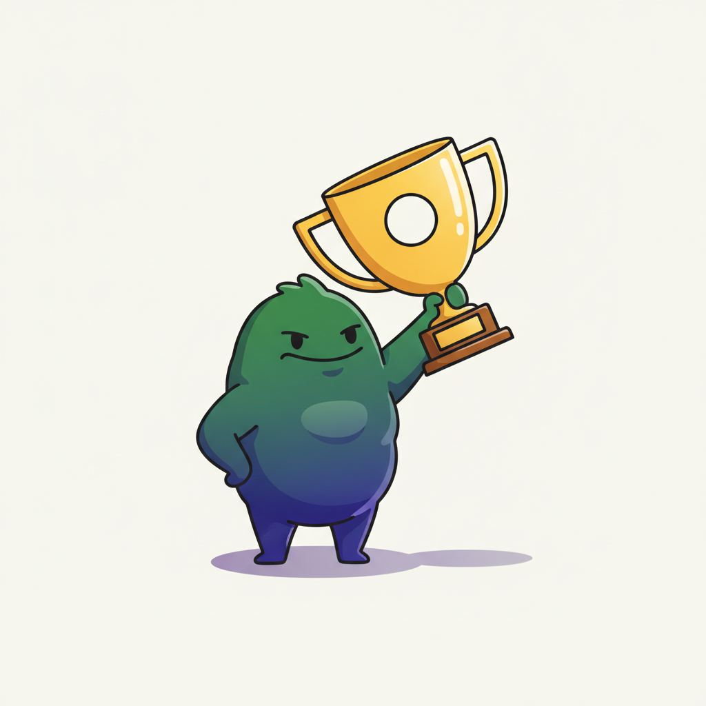 The Vanity Metric foe proudly holding up a hollow gold trophy