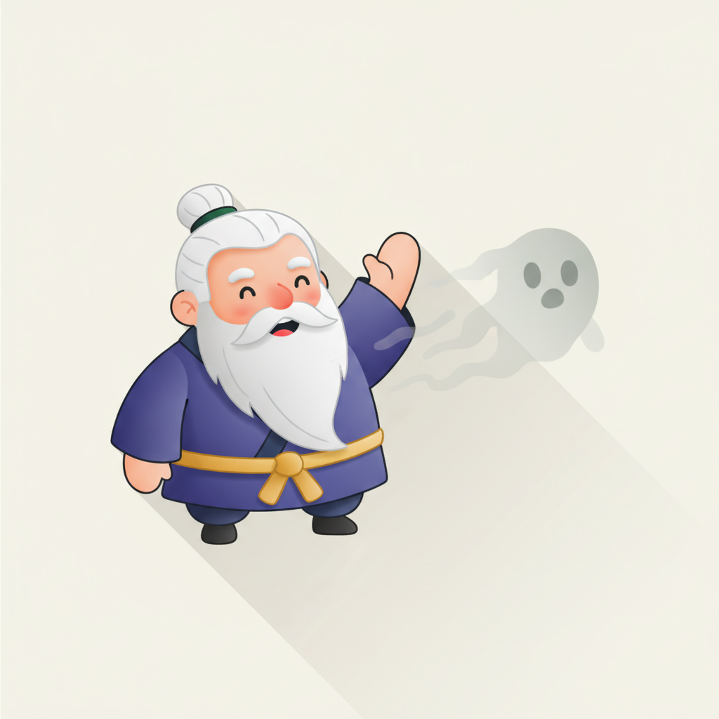 Master Sifu calmly waving away a wispy myth ghost