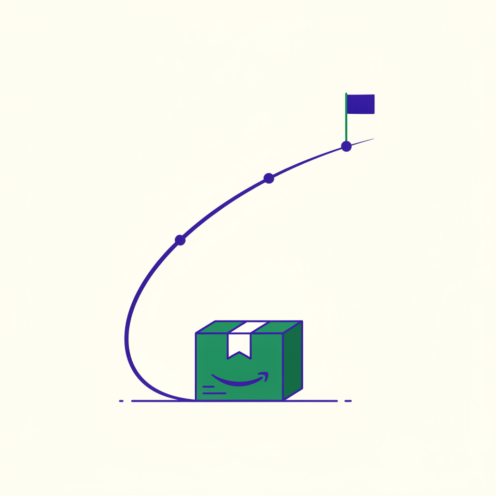 A product package riding an upward launch trajectory with milestones and a flag at the peak